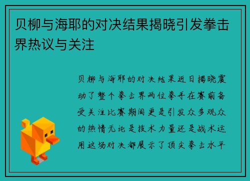 贝柳与海耶的对决结果揭晓引发拳击界热议与关注